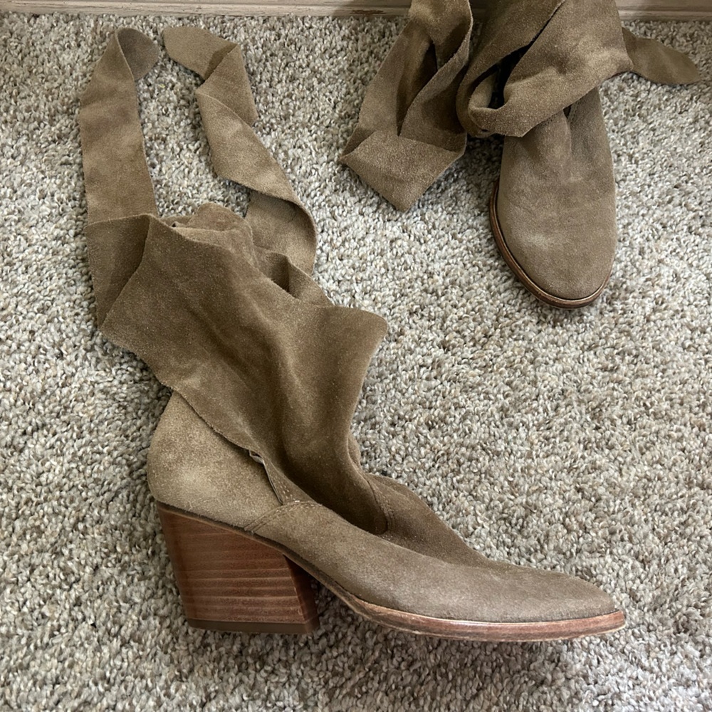 Sigerson Morrison Tie-Up Lori Boot Taupe Suede Ankle Wrap Detail Women's Size 6 - Picture 2 of 13